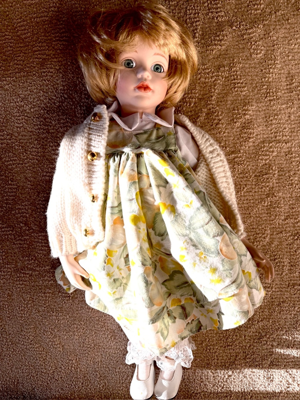 Wimbledon Porcelain Doll with Yellow Floral Dress and Cream Cardigan